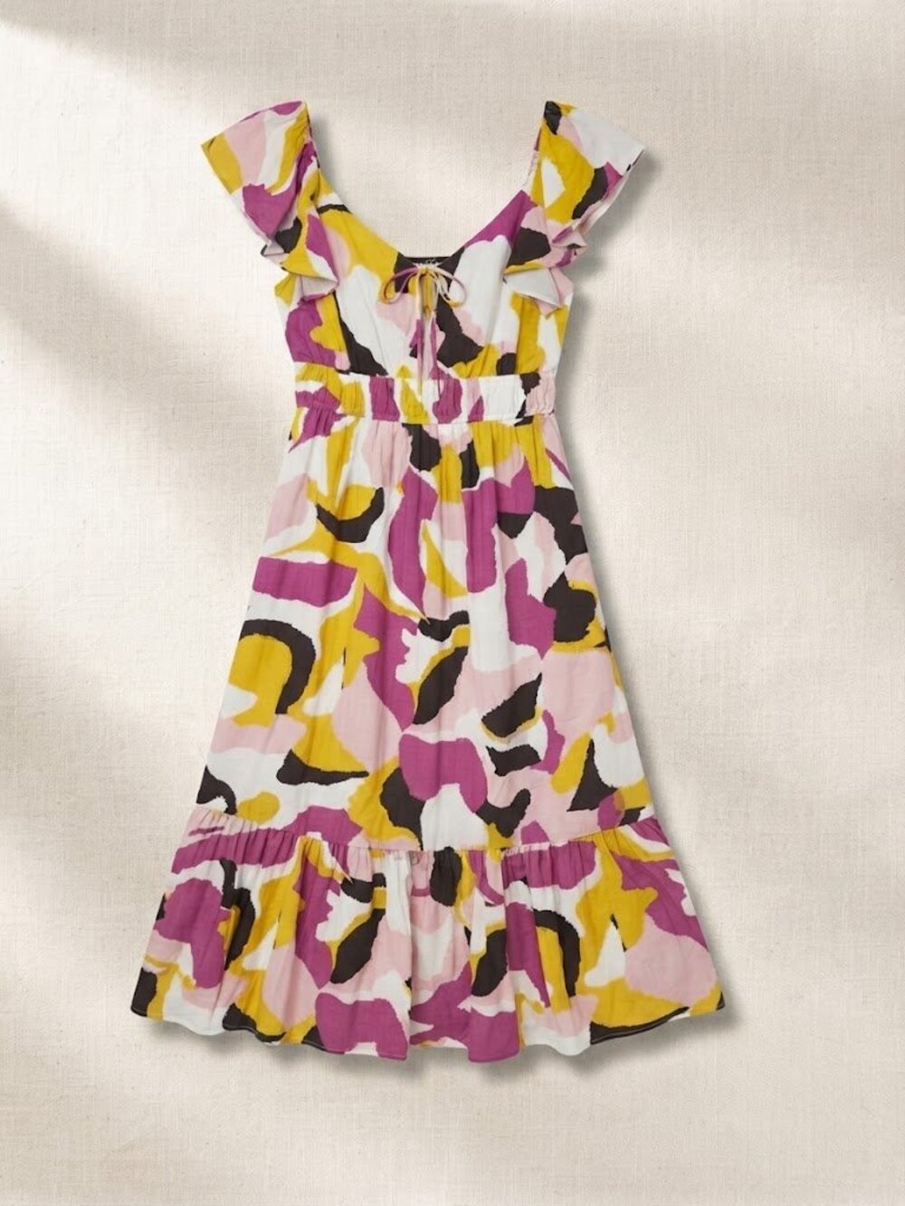 Nine West Abstract Print Smocked Ruffle Sleeve Midi Maxi Dress Size Large EUC
